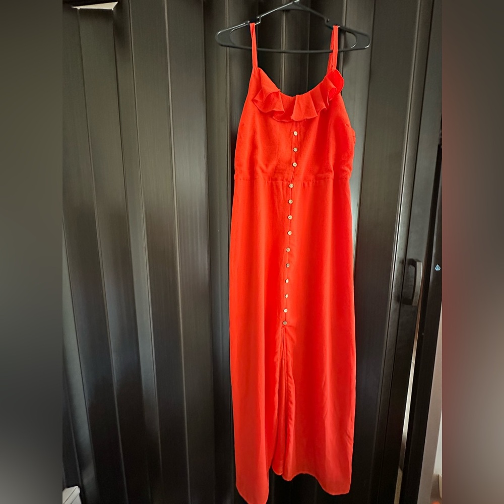Spense Vibrant Orange Maxi Dress with Ruffle Neckline